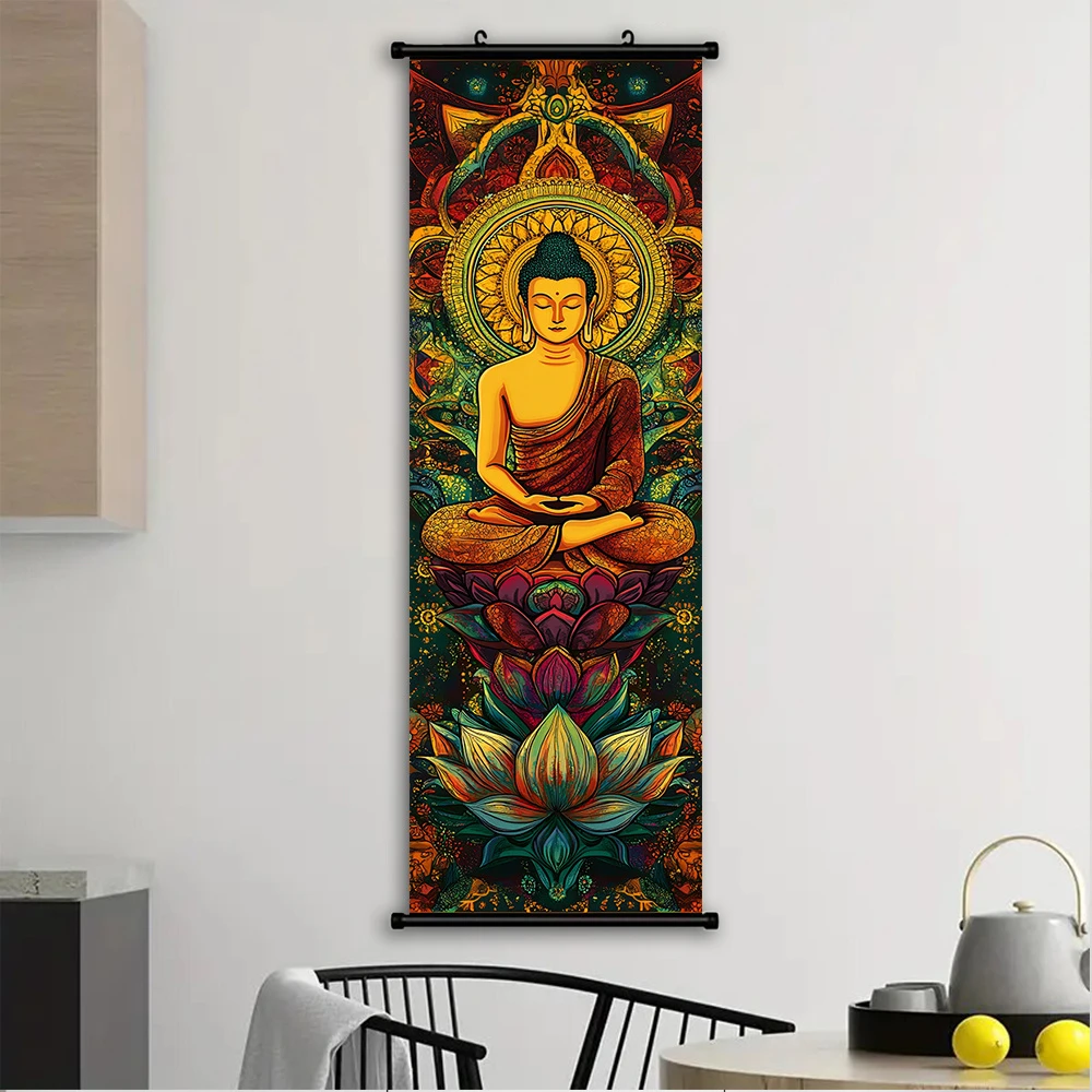 VIKAMA Buddha Statue Lotus Scroll Tapestry Colorful Mandala Meditation Zen Narrow Wall Hanging for Bedroom Home Decor Wall Art
