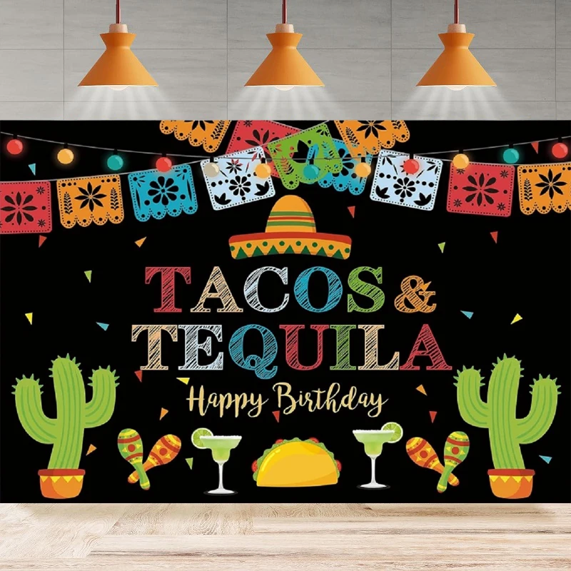 Mexican Fiesta Photography Background Happy Birthday Tacos and Tequila Lights Drop Cinco De Mayo Home Party Backdrop Wall Banner