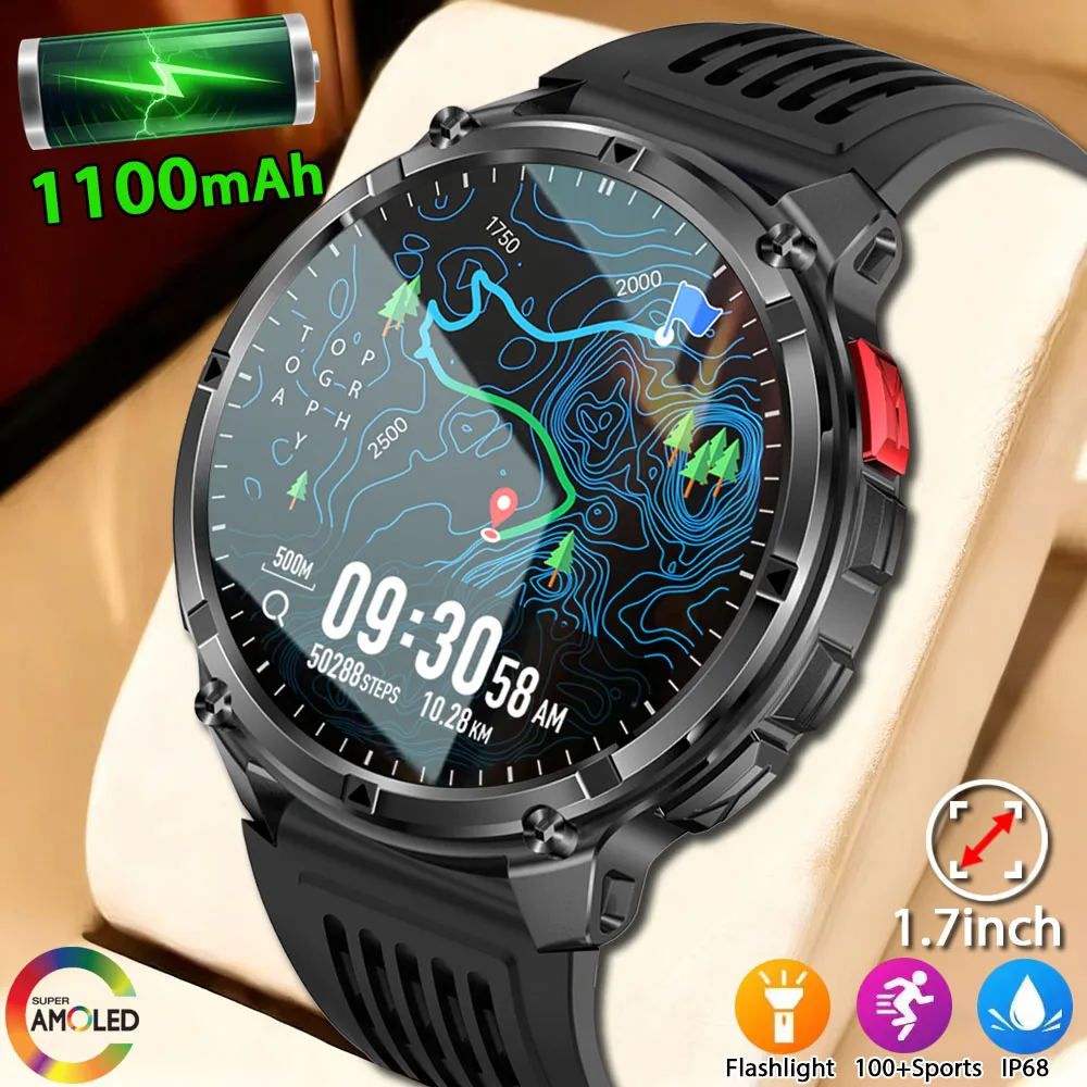 

Новинка 2025 года для HUAWEI Xiaomi 1100 мАч AMOLED Смарт-часы для мужчин NFC Спортивный светодиодный фонарик Компас 3ATM Водонепроницаемые умные часы с BT Call