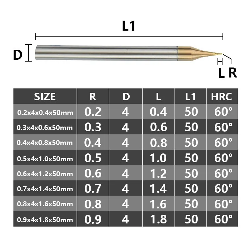 4mm Shank Micro Milling Cutter 0.2-0.9mm TiCN Coated CNC Router Bit 2 Flute Flat End Mill  Tungsten Carbide Milling Tool