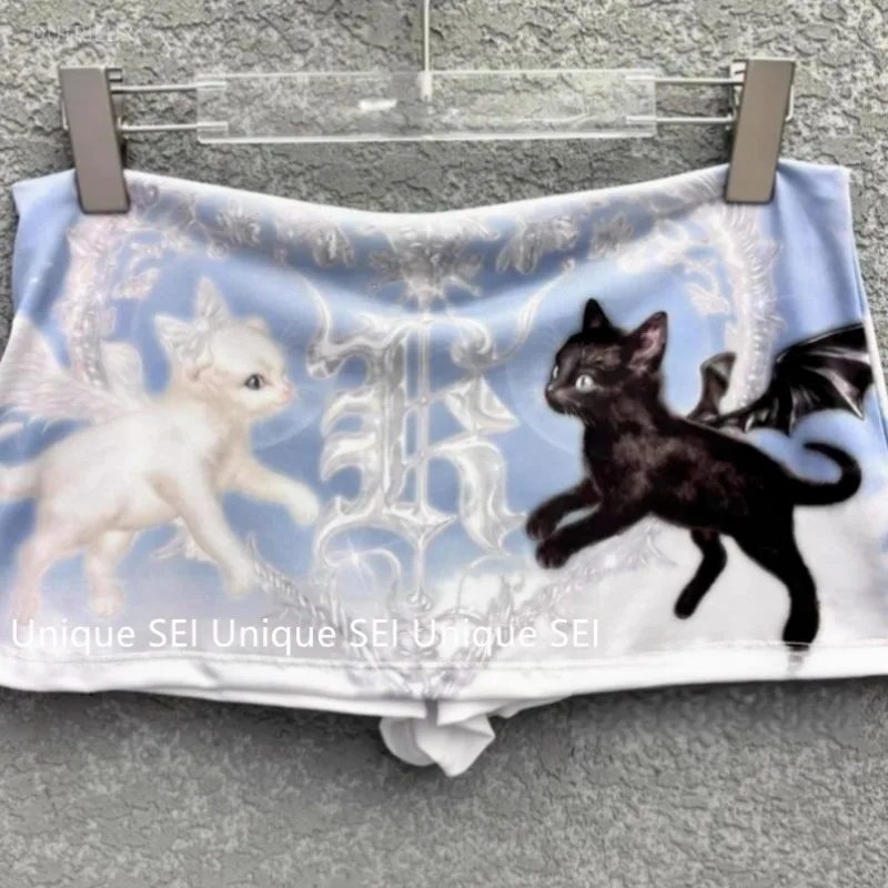 الكورية الشارع Y2k أسود أبيض القط الشرير سترة للنساء + عالية الخصر Bodycon كل مباراة السراويل التنانير 2025 صيف جديد قطعتين مجموعات