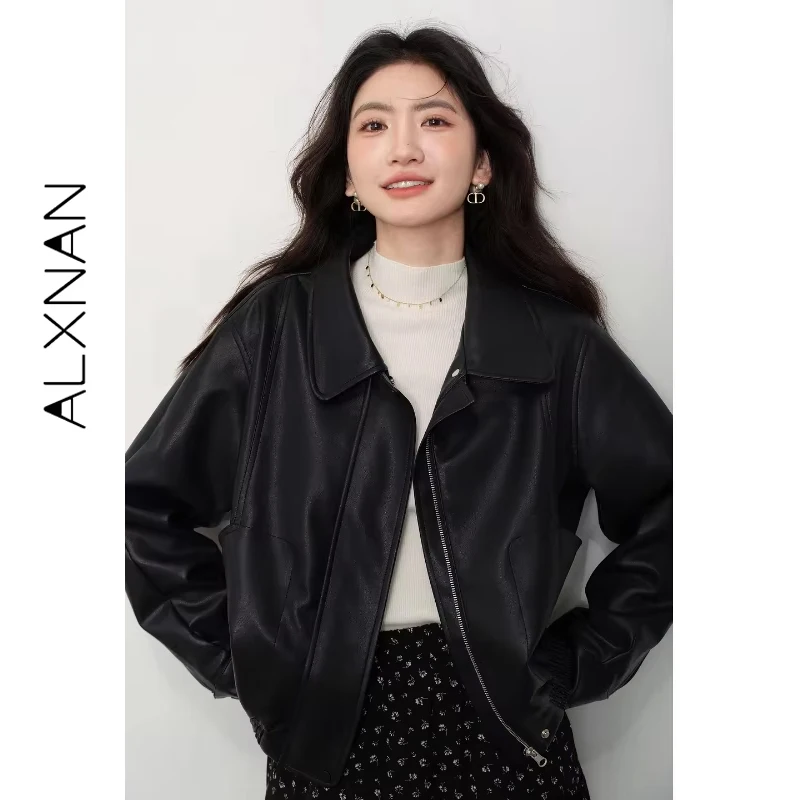 ALXNAN Black Leather Jacket Oversized Zip-front Hidden Buckle Woman's Coat Outdoor Waterproof Loose-fit Outerwear Female L57115