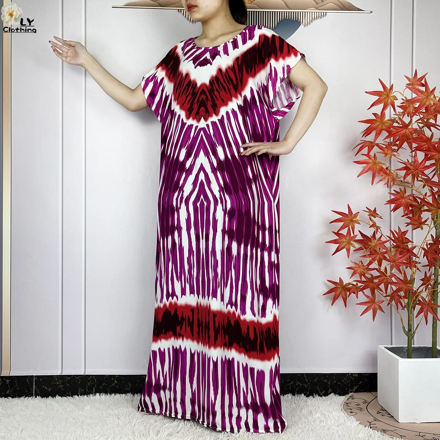 2024 New Style Short Sleeve African Dashiki Tie-dyed Cotton Abaya Caftan Lady Summer Maxi Islam Casual Dresses With Big Scarf