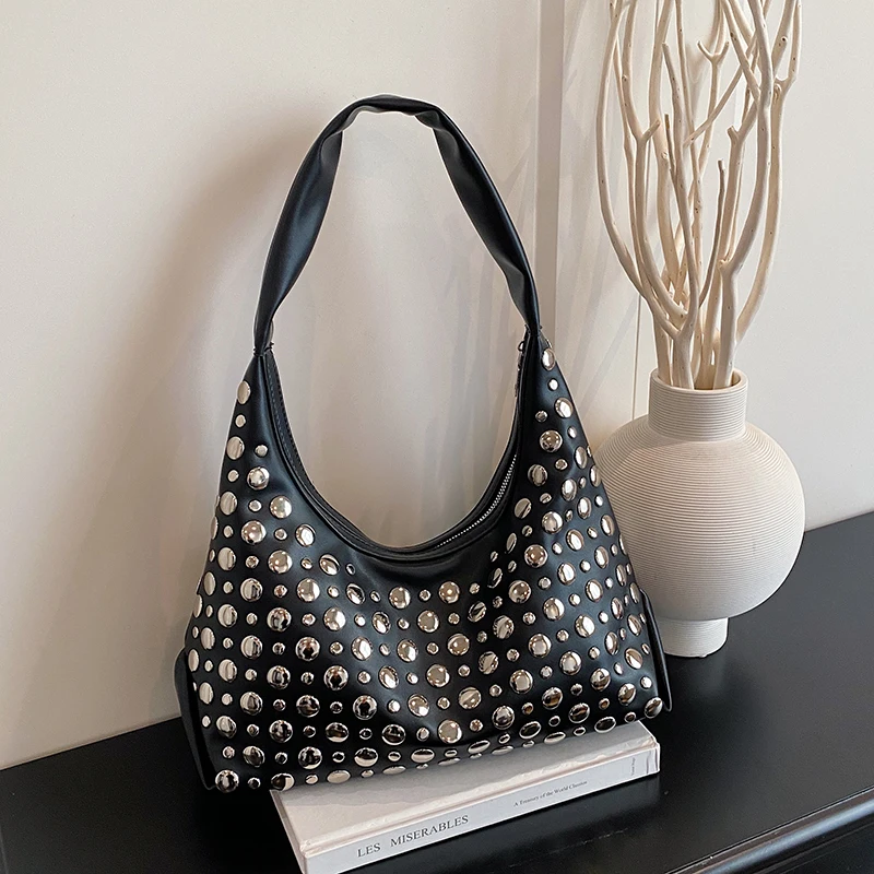 

Studded Slouchy Hobo Bag Shiny Silver Rivets Edgy Top Handle Crossbody Bag Nightclub Party Y2K Style Fashion Handbag for Women
