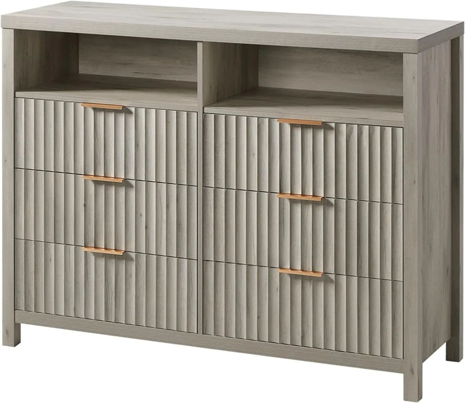 Oxford Fluted 6 Drawer Dresser for Bedroom, Wide Modern Wooden Chest of Drawers with 2 Shelves, TV Stand of Drawers,