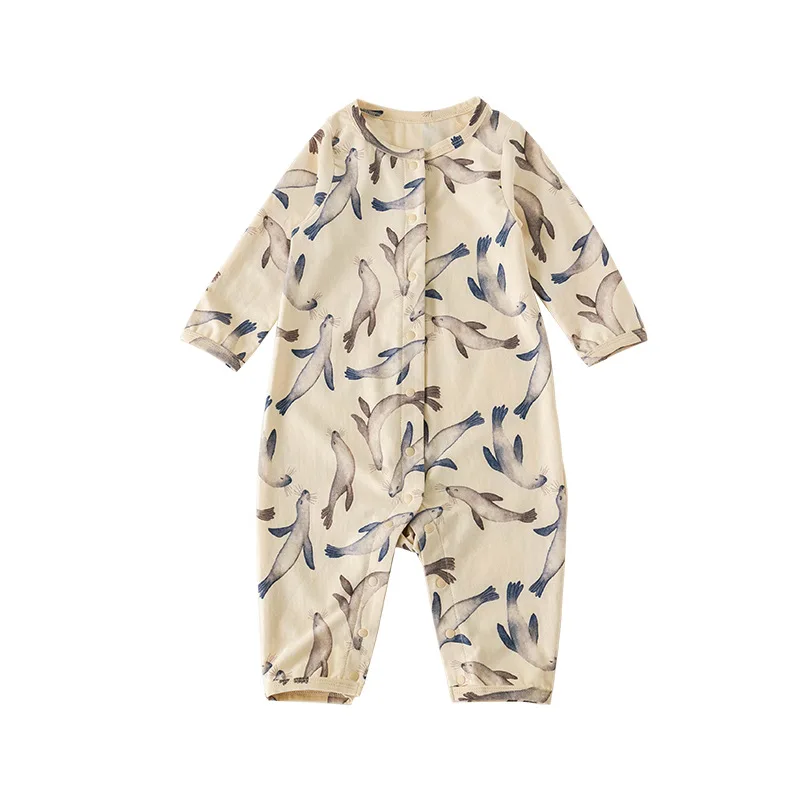 Spring and Summer Baby Clothes Cotton Baby One-piece Pajamas Printed Comfortable Newborn Long-sleeved Crawling Clothes