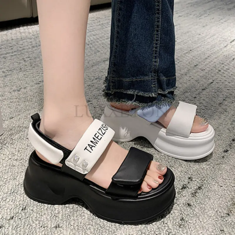 Summer Women Platform Sandals7CM Wedges Leather Slippers Fashion Thick Bottom Sandals Woman Outside Casual Beach Flip Flops