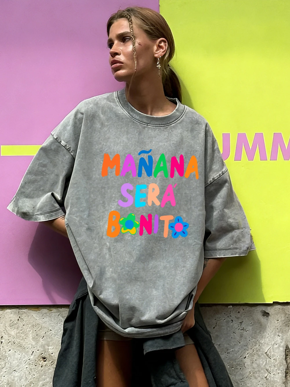 Mañana Sera Bonito Prints Washed T-Shirts Womens Cotton Short Sleeve Tops Street O-Neck Oversize T Shirt Summer Soft Clothes