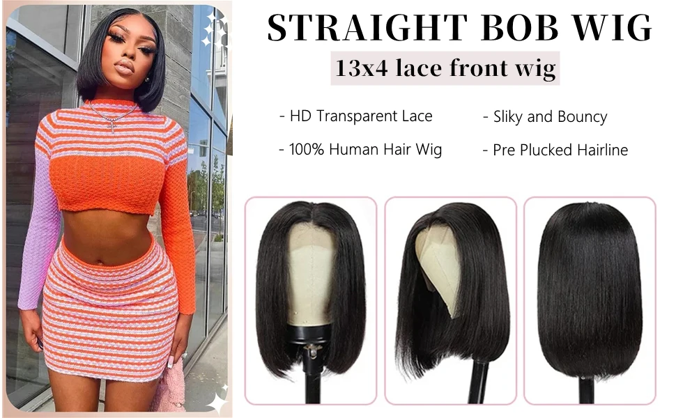 13x4 kurze Bob gerade 4x4 transparente Lace-Front-Perücke 200 % Dichte 100 % Echthaar vorgezupfte Perücken für schwarze Frauen 12 16 Zoll – Detail 2