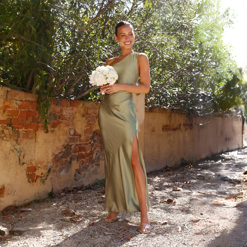 2026 Damen Sommer Sexy Party Einfarbiges Ärmelloses Rückenfreies Langes Kleid mit Hohem Schlitz Satin Maxi-Abendkleid für Hochzeitsgäste Cocktail-Events – Detail 36
