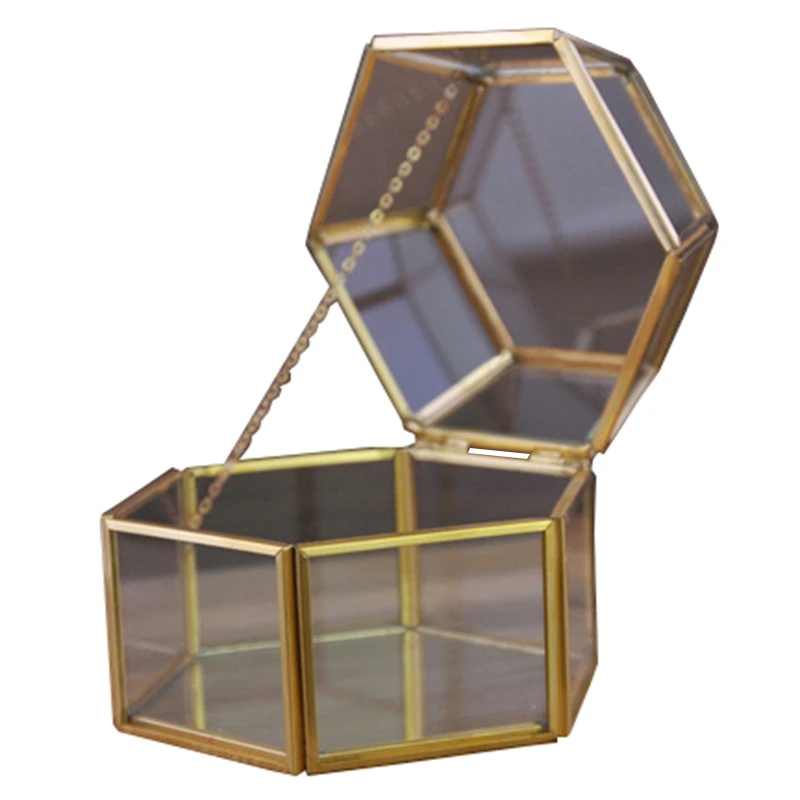 Custom Name Wedding Glass Ring Box Glass Ring Pillow Glass Jewelry Box Pentagon Geometric Copper Ring Holder-Gold