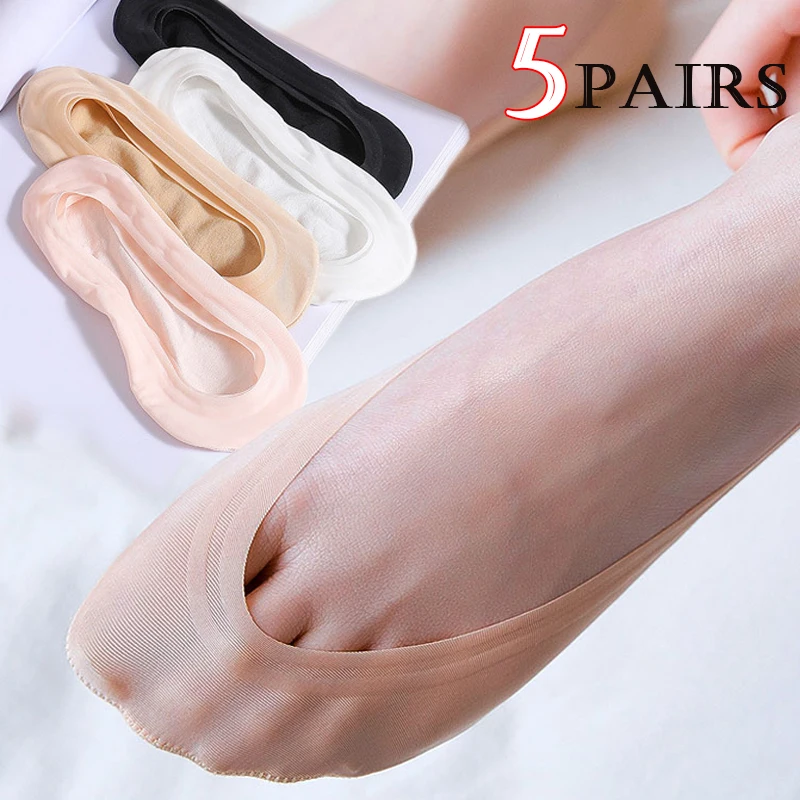 5 pares antiderrapantes meias invisíveis chinelos sem costura gelo seda barco meias verão fino sólido casual respirável baixo corte meias femininas