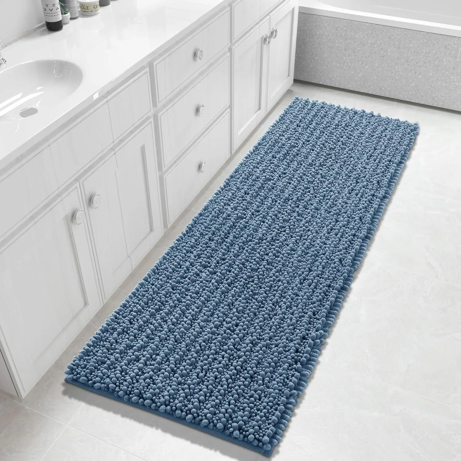 

Extra Long Non-Slip Chenille Bath Mat, 60x24 Inch, Soft & Absorbent, Machine Washable for Vanity Tub Shower in Denim Blue