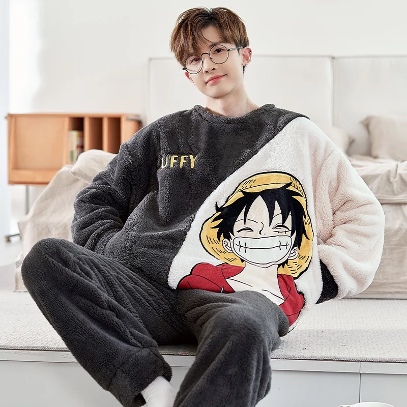 ONE PIECE Luffy Men's Pajamas Autumn Cotton Long Sleeve Pants Two-piece Loungewear Silk Pajamas Men's Pajamas Pants Set