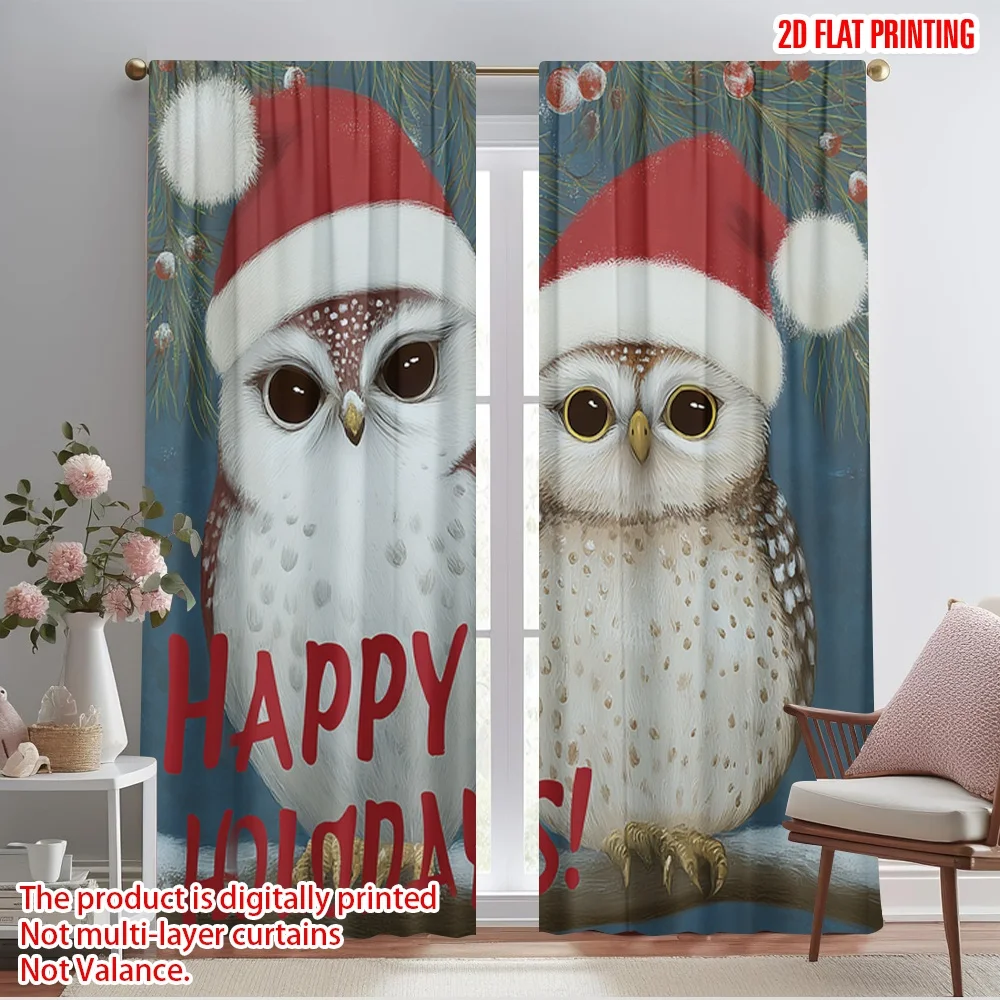 2pcs,2D plane printing Light Filtering Curtains Santa Hat Owls_ Snowflakes Versatile 100% Polyester (without rod) Home Decor for
