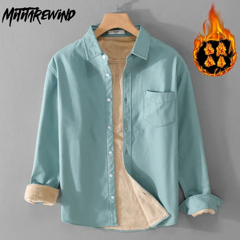 

Simple Men Winter Shirt Harajuku Daily Casual Thickened Male Shirts Lapel Oxford Fleece Shirt with Pocket Keep Warm Clothing Man