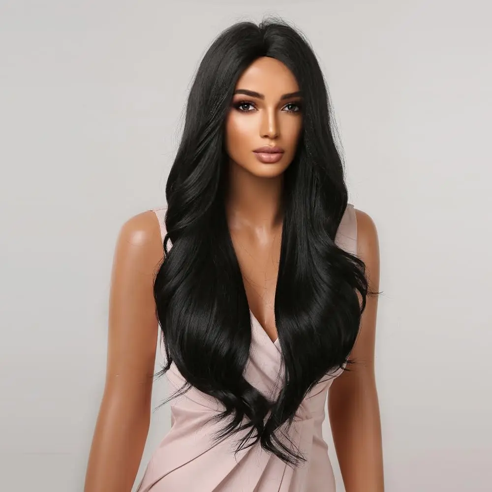باروكات صناعية طويلة سوداء مموجة للنساء، شعر مستعار مجعد في الجزء الأوسط، ألياف مقاومة للحرارة ذات مظهر طبيعي للحفلات اليومية #5