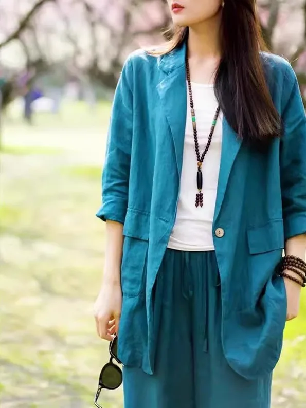 

Retro Cotton Linen Suit Jaet Women's Loose Casual Mid-Length Button-Up Summer 2025 Faion Commute Sle Pure Color