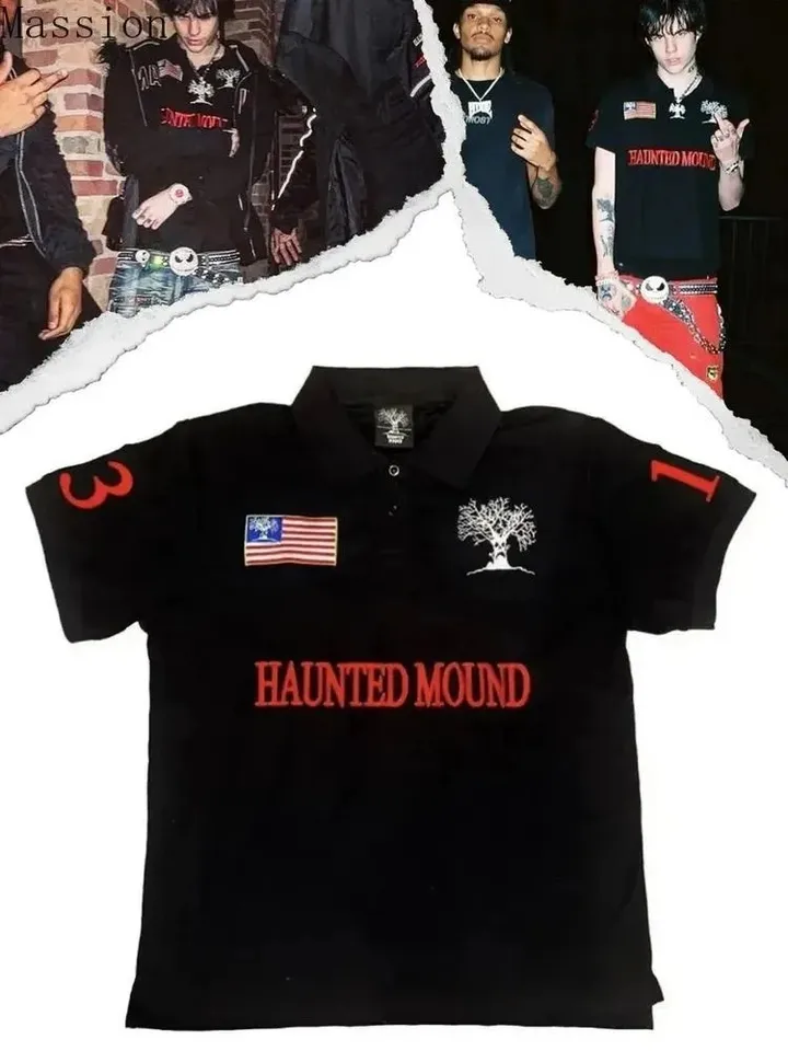 HAUNTED MOUND ポロシャツ swag Haunted Mound Men's Short Sleeve Polo Shirt Black/Red Multiple