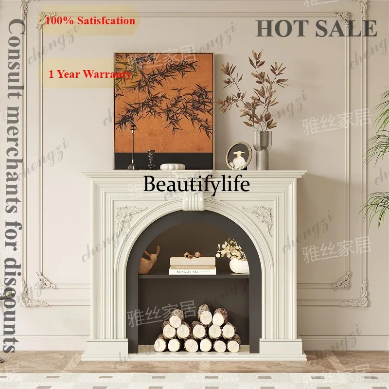B56 French Cream Wind Solid Wood Fireplace Cabinet Living Room Decoration Cabinet Electronic Simulation Fire Fireplace Cabinet H