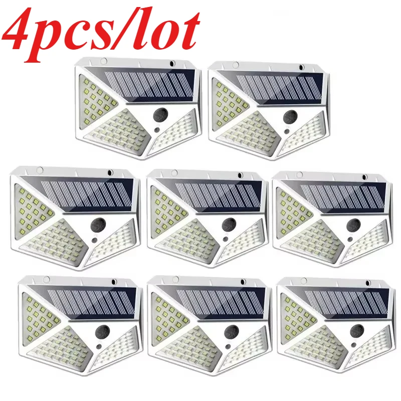 4pcs 100LED Wall Lamp Solar Light Outdoor PIR Motion Sensor Lamp Waterproof Stairs Lights for Courtyard Garden Street Decoration