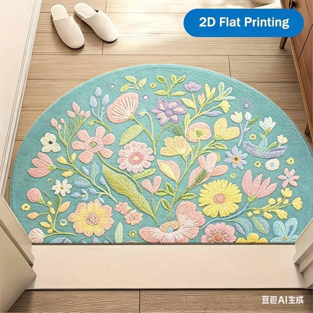 Colorful Wildflower Semicircle Door Mat Boho Floral Welcome Rug Anti-Slip Entrance Floor Mat for Home Porch Living Room Decor