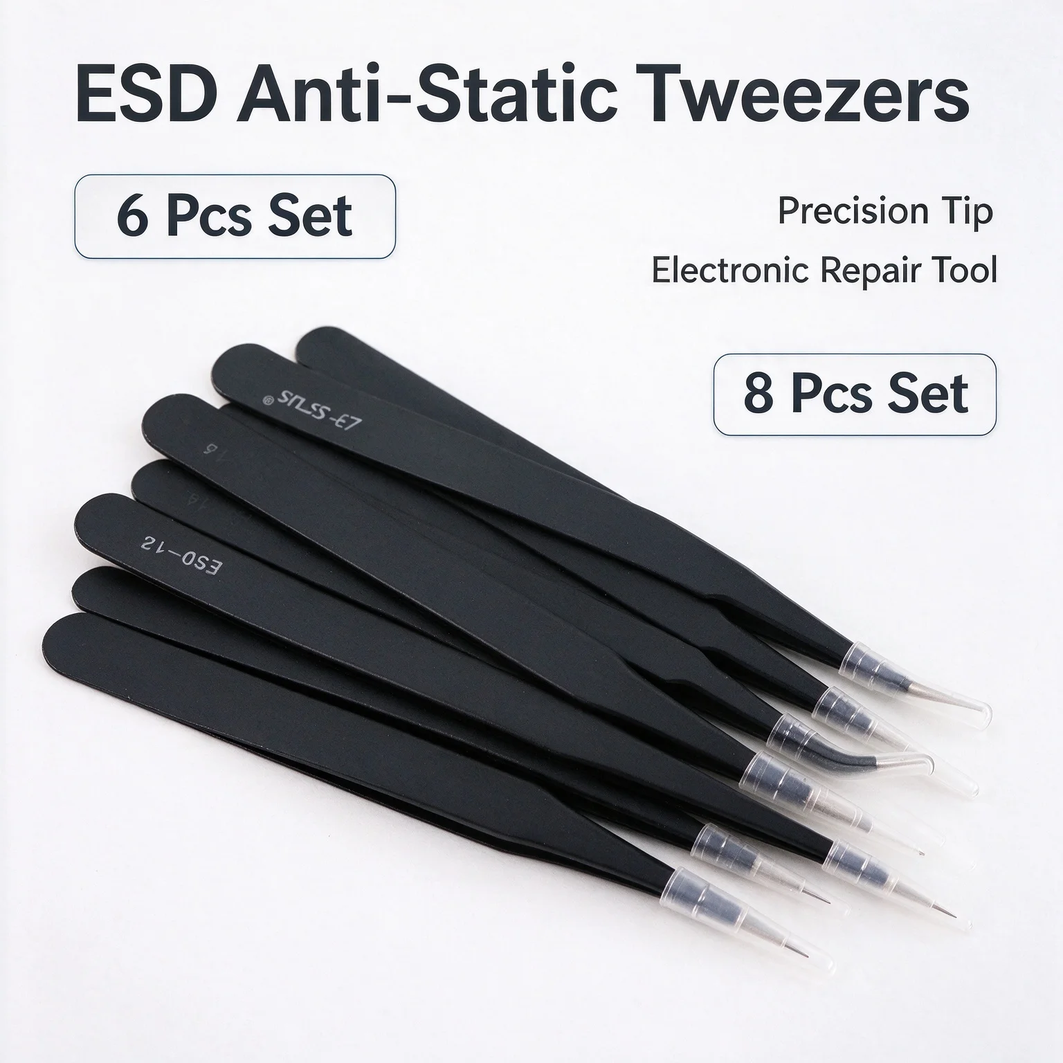 VETUS ESD Stainless Steel Anti-Static Tweezers 6pcs 8pcs BGA SMD Rework Soldering Precision Accessories for Electronnics Works