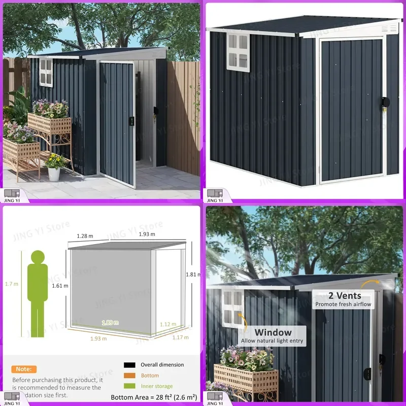 4x6ft Outdoor Garden Storage Shed with Window Dark Grey Metal Tool Shed for Lawn Equipment Storage Shed for Tools