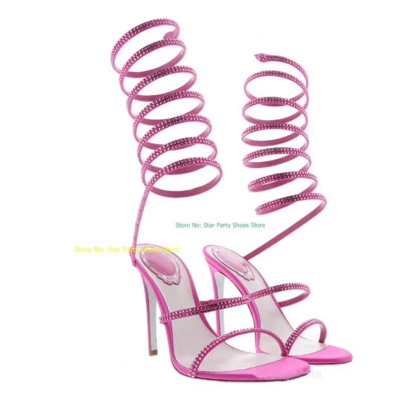 

Sexy Stilettos High Heel Spiral Ankle Sandals Sexy Crystal Diamond Decoration Lady Summer Sandal Shoes