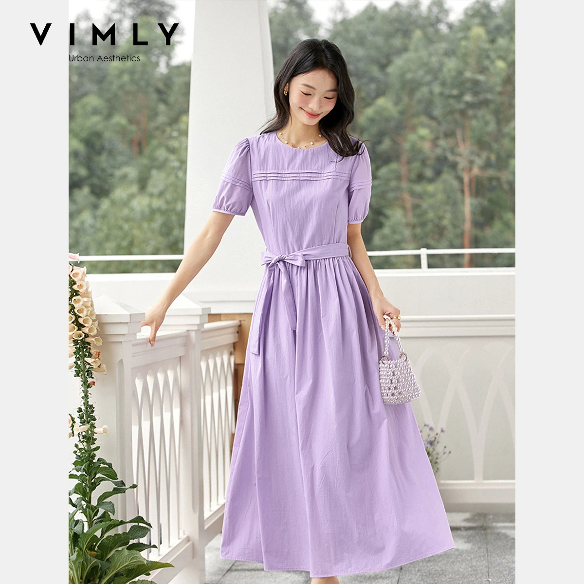 

VIMLY Elegant Temperament Bubble Sleeve Dress Women's Summer 2025 New Design Waist A-shaped Long Dress A1737