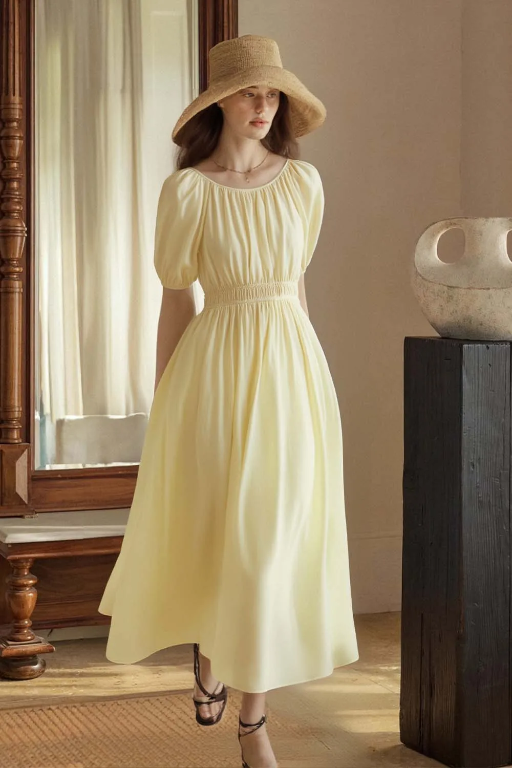 

VIMLY Women's Summer Holiday Vacation Dress 2025 Lady Elegant Short Sleeve Elastic Waist Swing Long Dresses Woman Clothing A1158