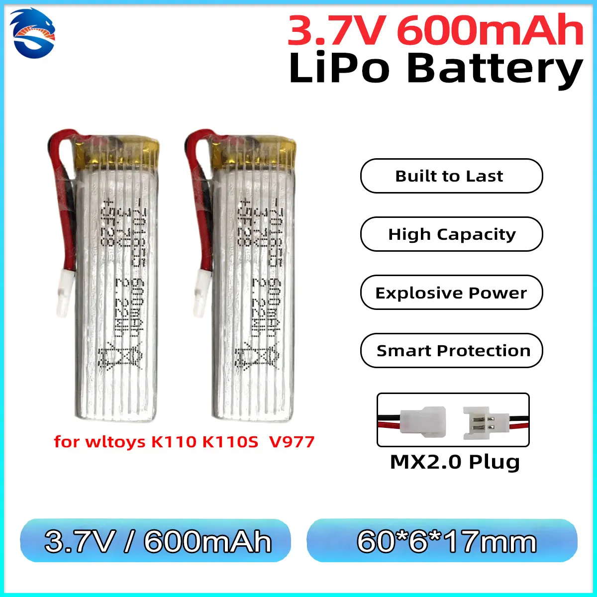 Skymaker 1S LiPo Battery 3.7V 600mAh MX2.0 Plug Upgrade Parts for WLtoys XK K110S V977 RC Helicopter