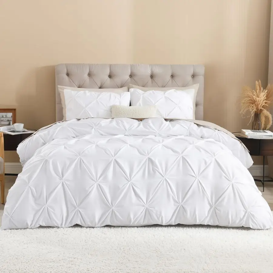 

White King Pinch Pleat Duvet Cover, 3 Pieces Pintuck Cover Soft Microfiber Bedding Set with Zipper Closure amp Corner Ties104x90