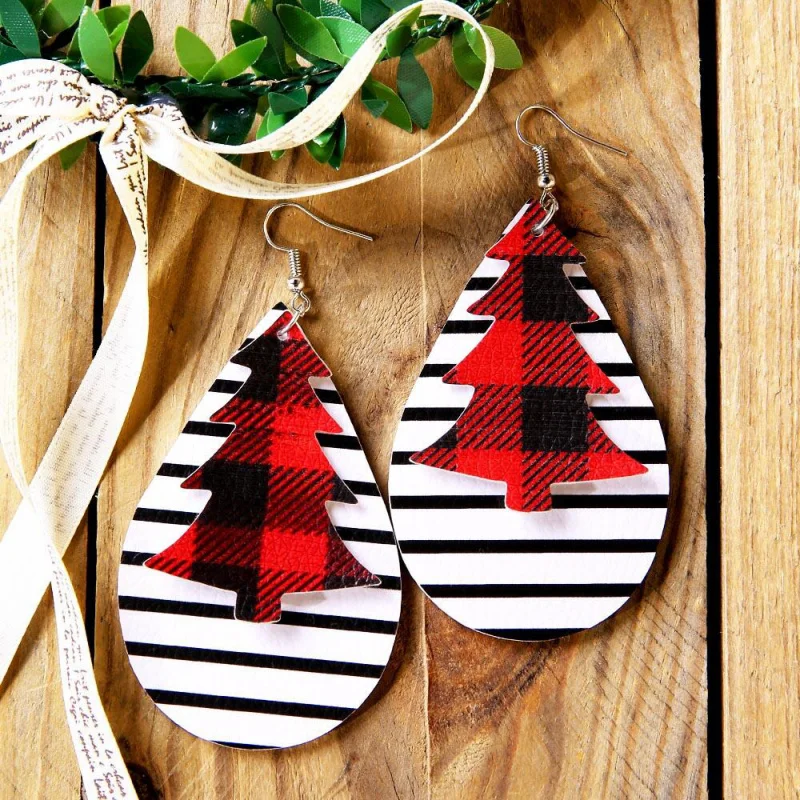 New Style Leather Charm Mom's Earrings Christmas Tree Black White Striped Water Drop Double-sided Women's Earrings