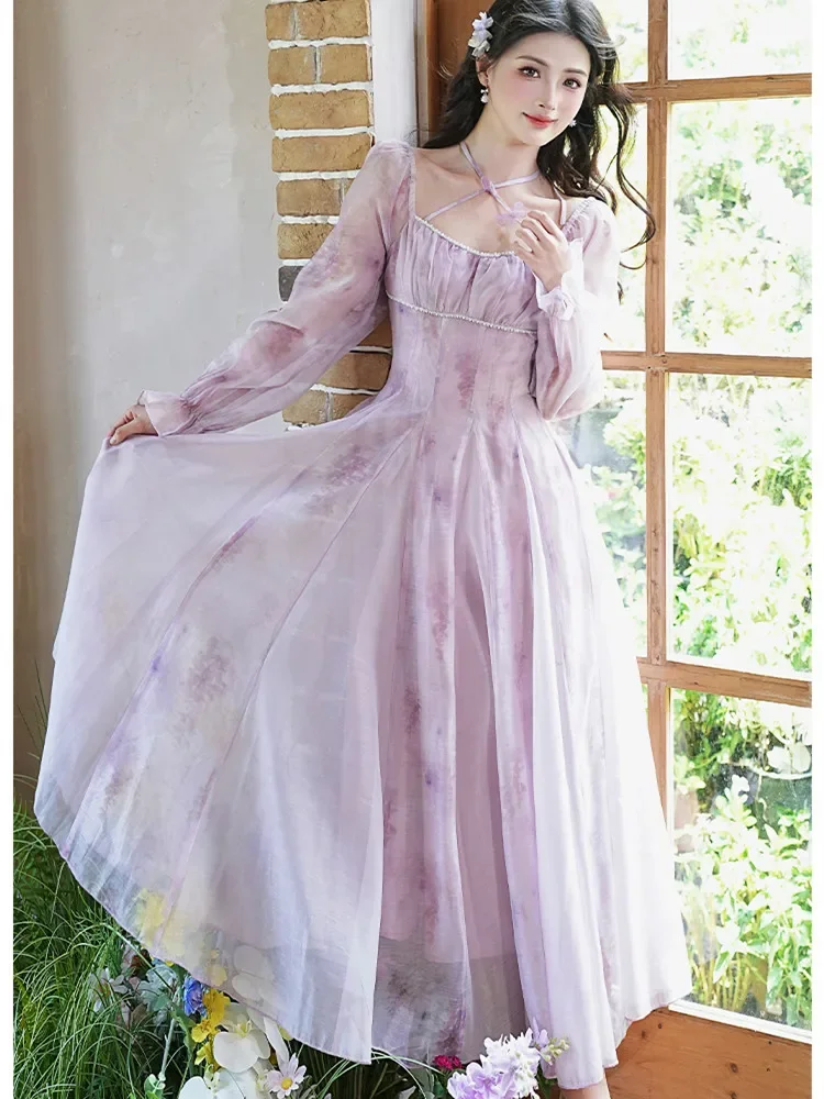 Donne dolce francese collo quadrato Vestido viola Chiffon filato stampa abiti da fata retrò autunno maniche svasate elegante vestito da partito