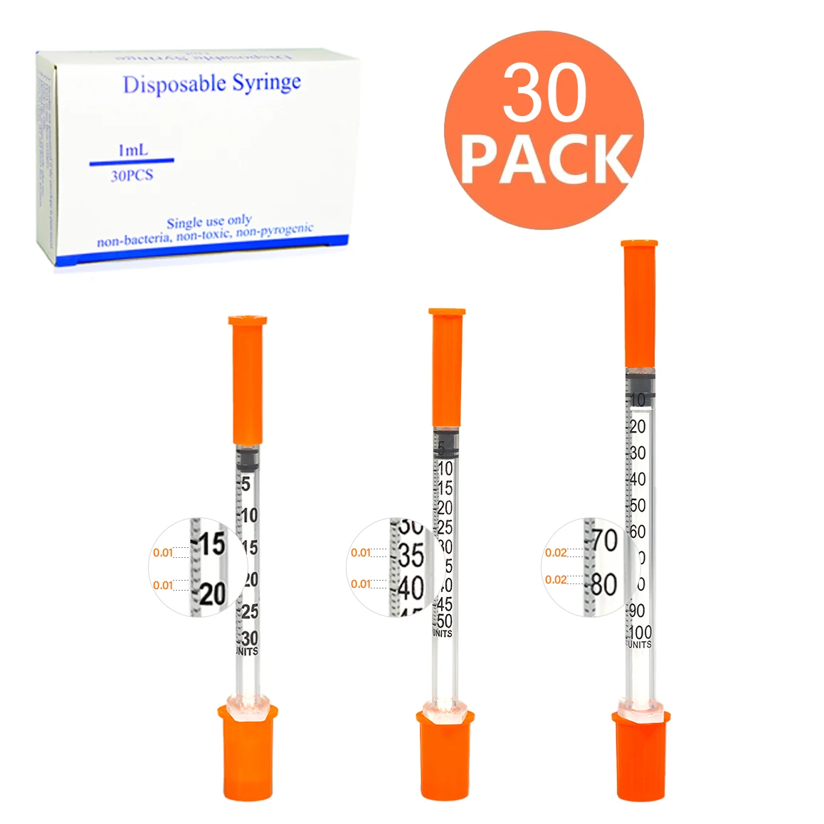 30-teiliges Set Kleine Insulinspritzen mit 0,3ml/0,5ml/1ml Fassungsvermögen, Steril und Einzeln Verpackt für Tierpflege und Laborgebrauch – Detail 1