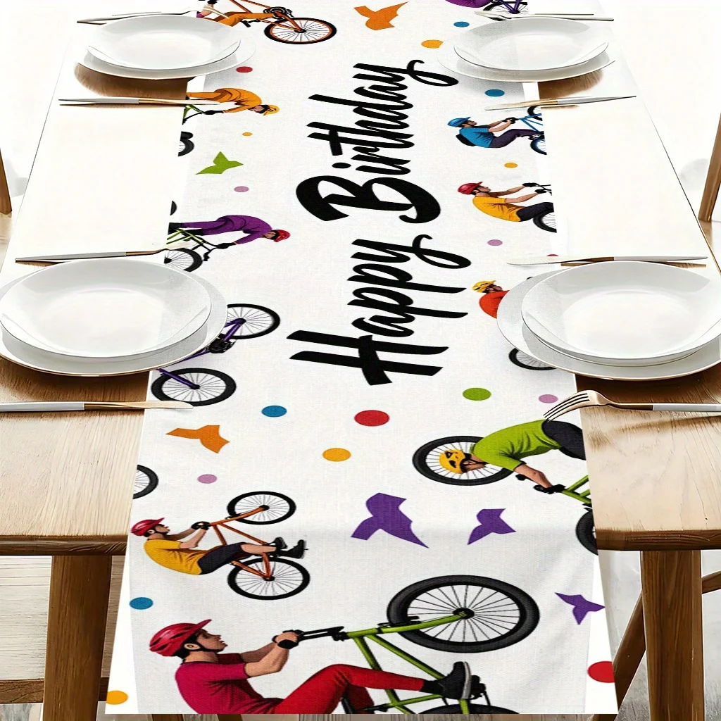 1pc Happy Birthday Bicycle Table Runner Festive Decorative Cloth for Home Kitchen Dining Office Living Room Holiday Party Decor