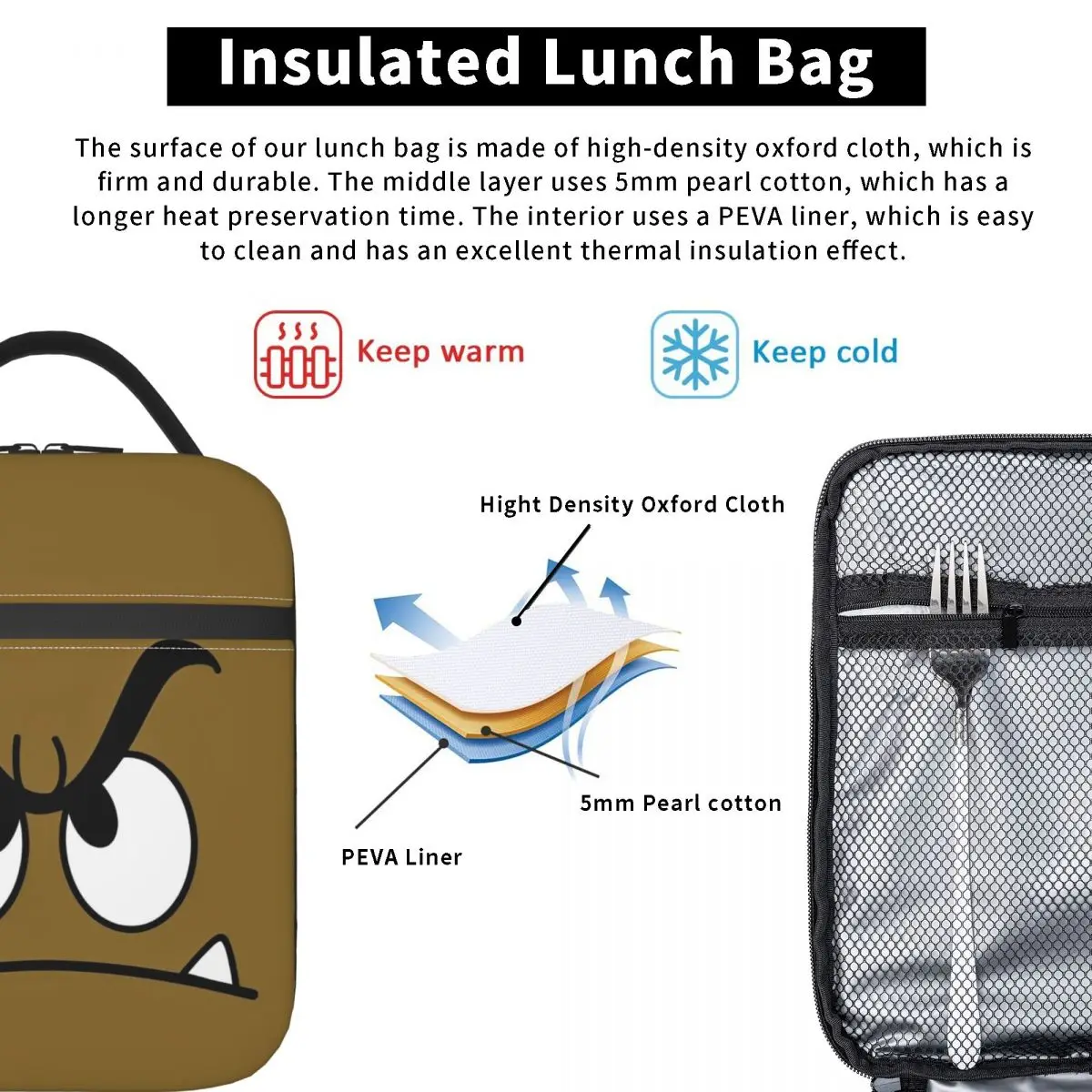 Goomba Marios Bruine Paddestoel Geïsoleerde Lunchtassen Hoge Capaciteit Herbruikbare Thermische Tas Tote Lunchbox Strand Outdoor Bento Pouch