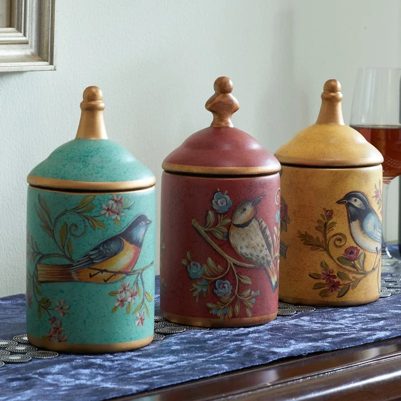 

Американская керамическая банка в стиле ретро с цветочным узором, декоративная банка для хранения в гостиной или прихожей, контейнер для хранения продуктов, украшение для домашней кухни.