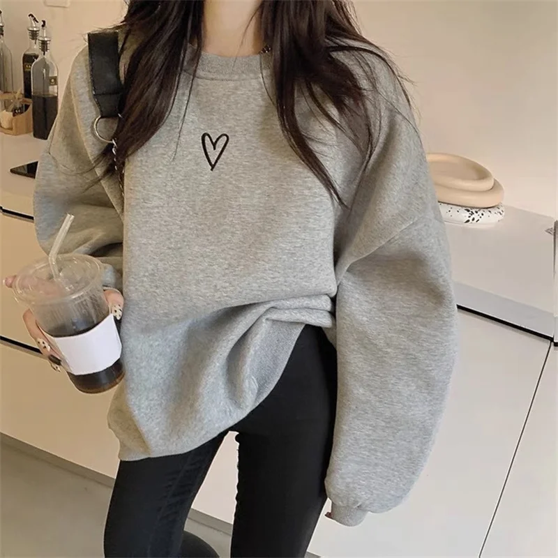 

Preppy Style Heart Printed Pullover Sweatshirts Women Casual Long Sleeve Round Neck Pull Tops Loose Solid Outfit Outerwear Coats