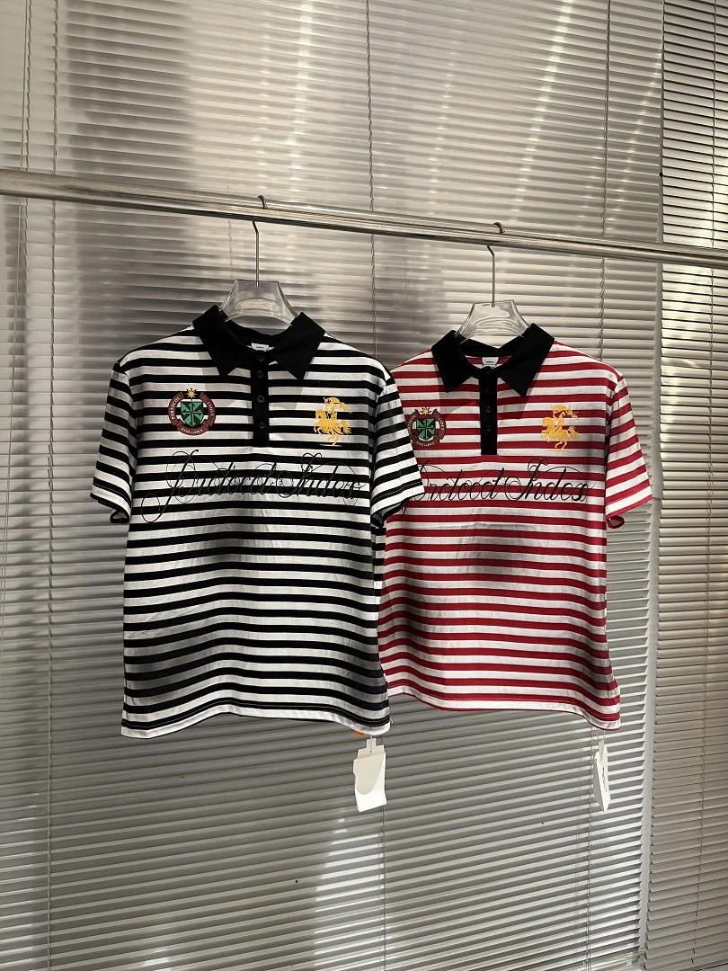 Oversized Striped Polo Shirts Men Vintage Embroidery Knight Logo Gothic Letter Print Collared Short Sleeve Cotton Casual Tops