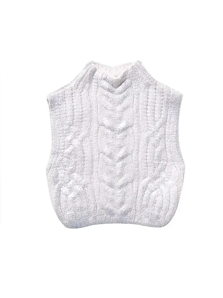 Nlzgmsj TRAF Cropped Knitted Sweater Vests For Women Cable Knit Vest Woman Autumn Winter Short Waistcoat Women Pullovers Top