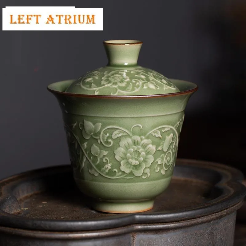

140ml Antique Relief Twine Pattern Gaiwan Chinese Longquan Celadon Tea Tureen Retro Tea Brewing Cover Bowl for Tea Collection