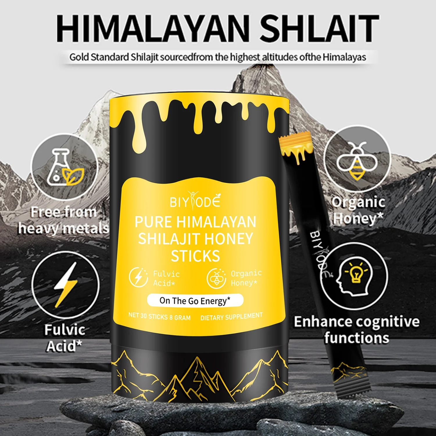 

【BIYODE】Медовые палочки Shilajit — 100% чистая палочка для повышения естественной энергии — палочка 1,76 унции