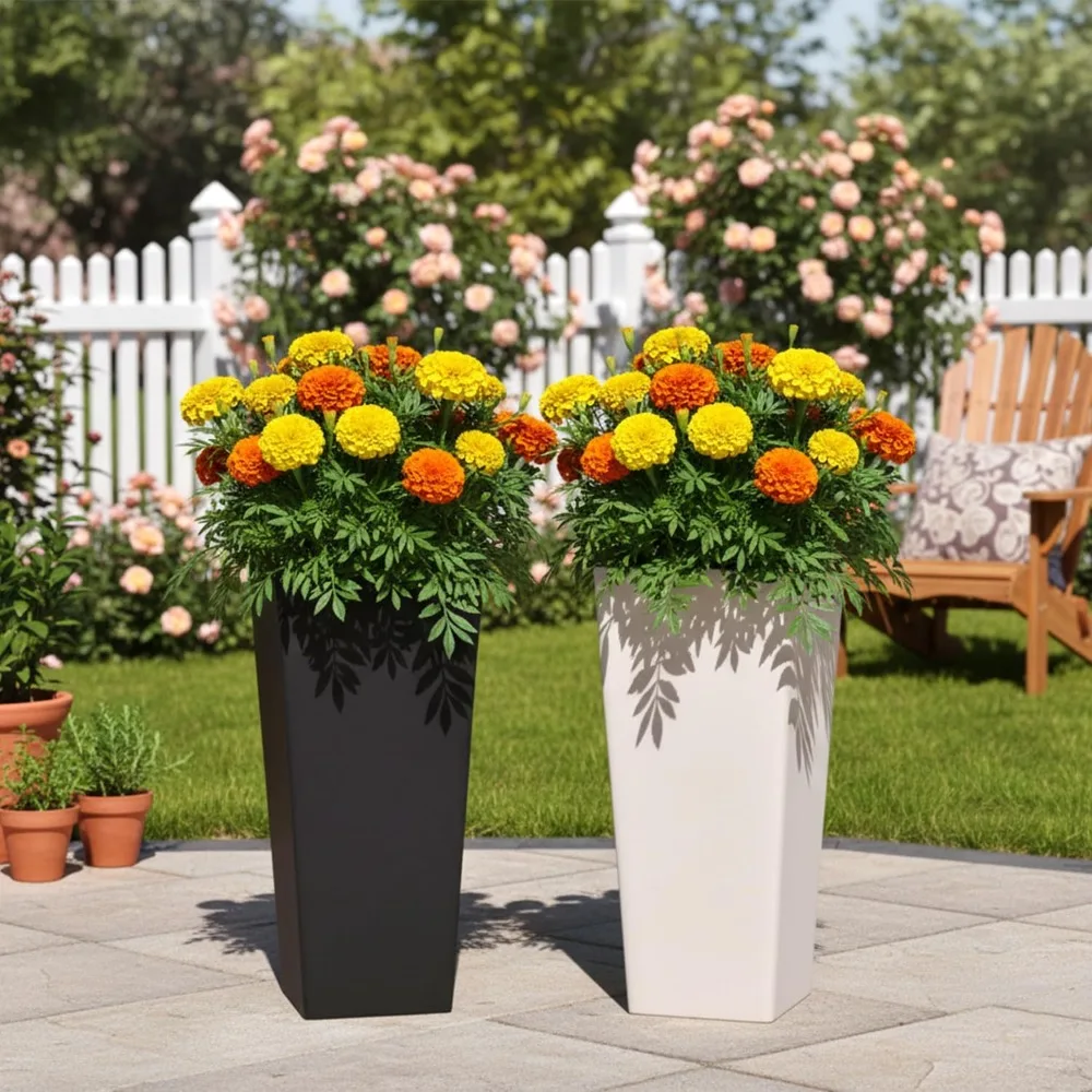 กระถางต้นไม้หินสีขาวขนาดใหญ่ ชุด 2 ใบ สูง 27 นิ้ว สำหรับปลูกต้นไม้ทั้งในร่มและกลางแจ้ง พร้อมระบบระบายน้ำและชั้นวางด้านใน