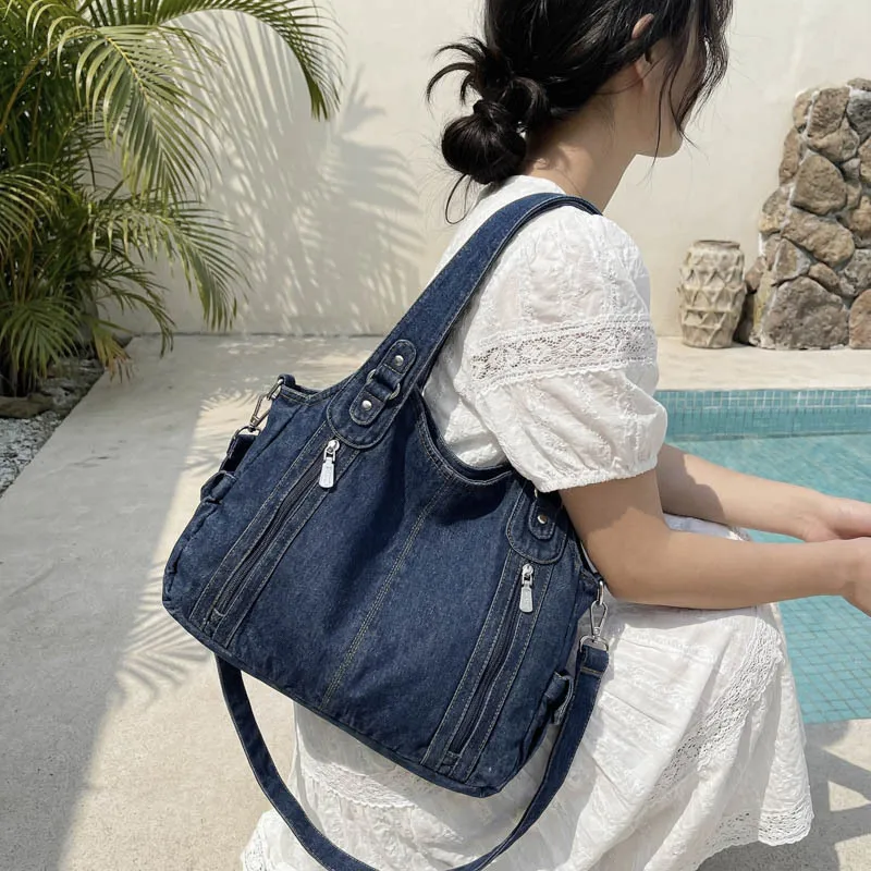 レトロデニムシングルショルダークロスボディバッグスタイリッシュな通勤ハンドバッグ男性と女性のためのカジュアル多目的バッグ