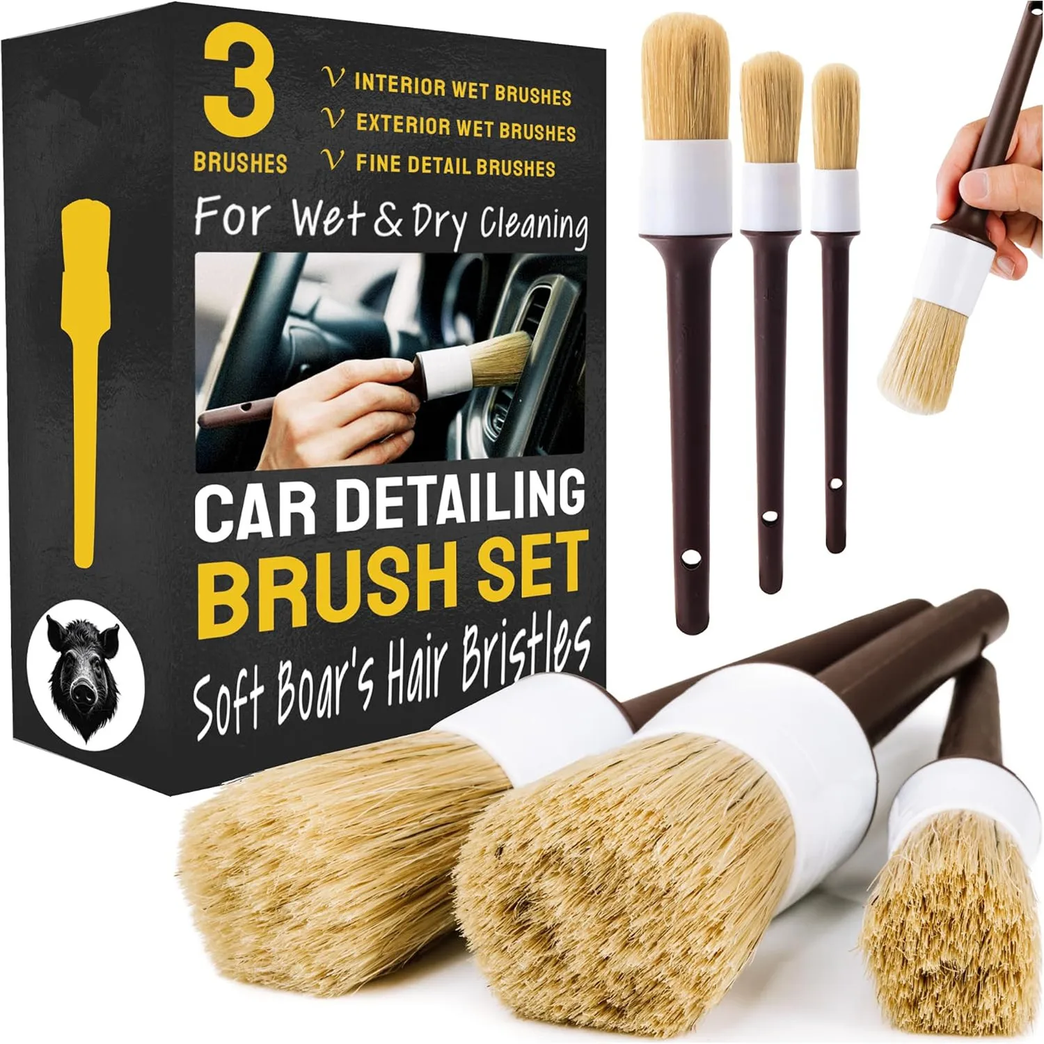 Car Detailing Brush Set 3pcs Interior Boar Hair Exterior Interior Soft Bristle Cleaning Auto Brushes for Wheels Leather Trim