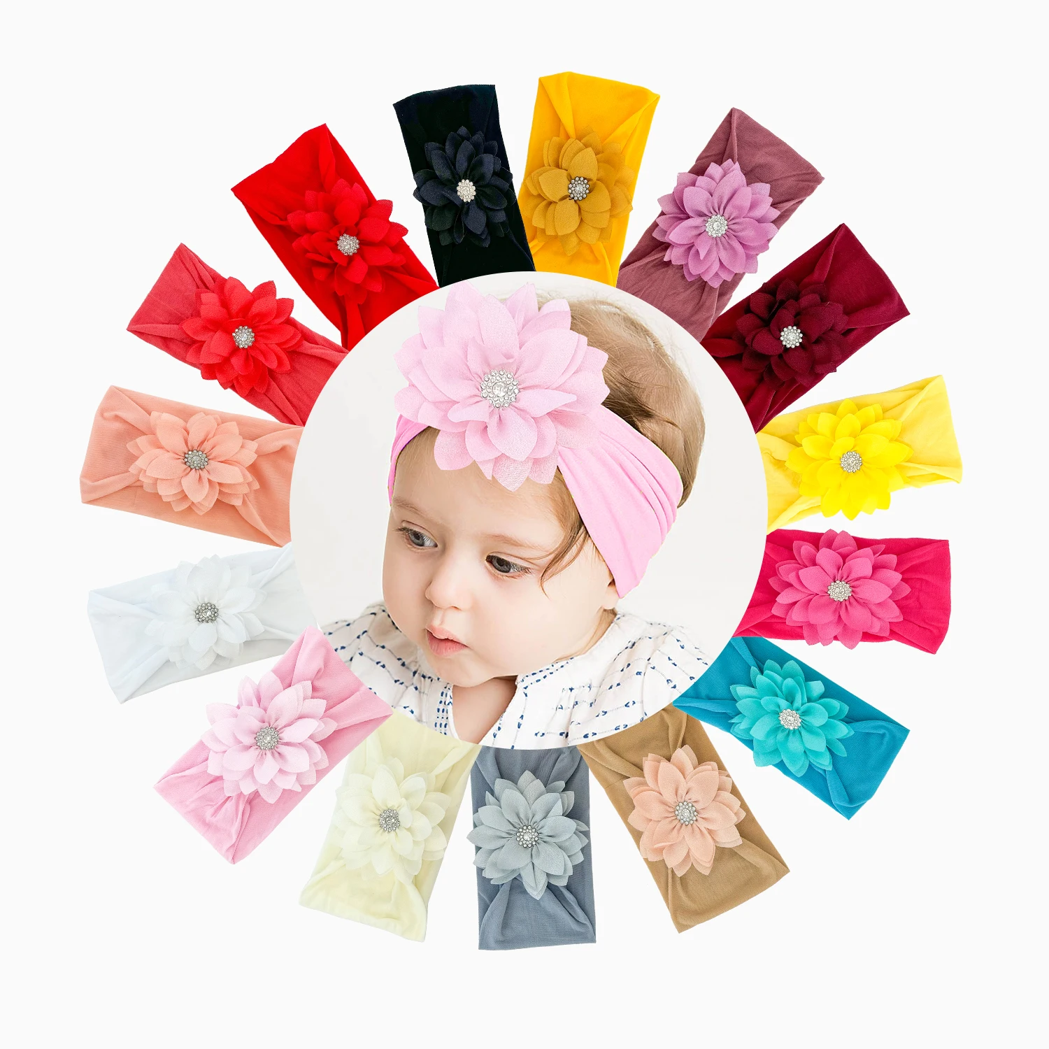 

8pcs Chiffon Water Diamond Lotus Leaf Flower Headbands For Baby Soft Elastic Nylon HairBand For Girls Kids Hair Accessories