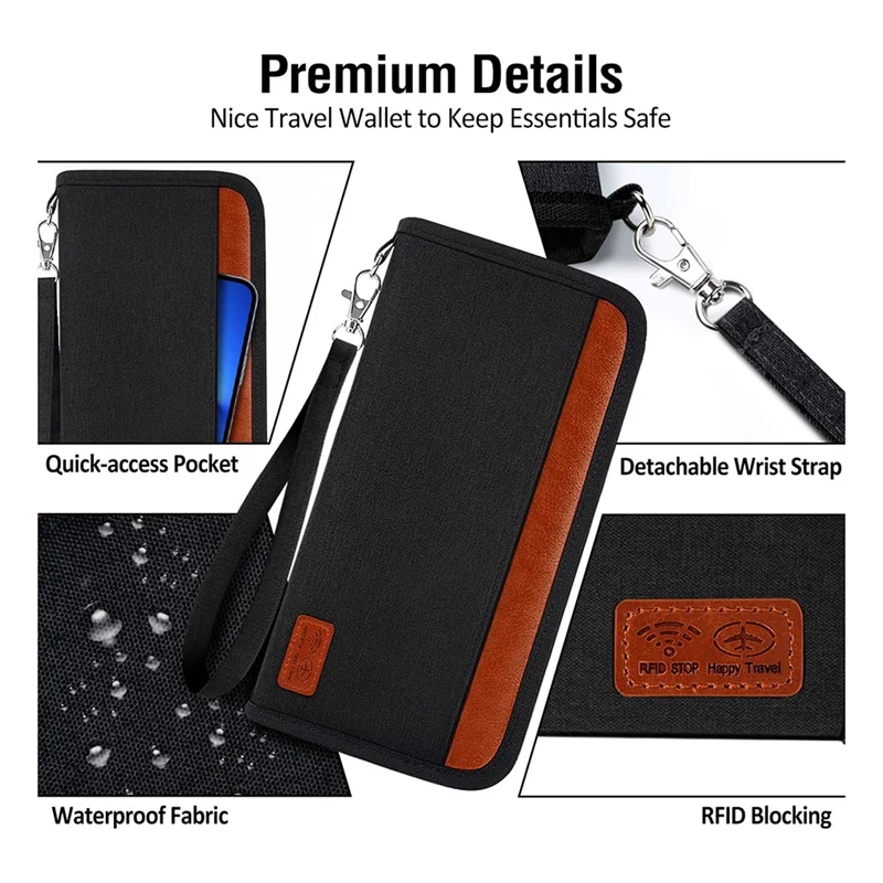 Carteira de viagem porta-passaporte ABQR, carteira para passaporte familiar com bloqueio RFID à prova d'água unissex organizador de documentos de viagem preto