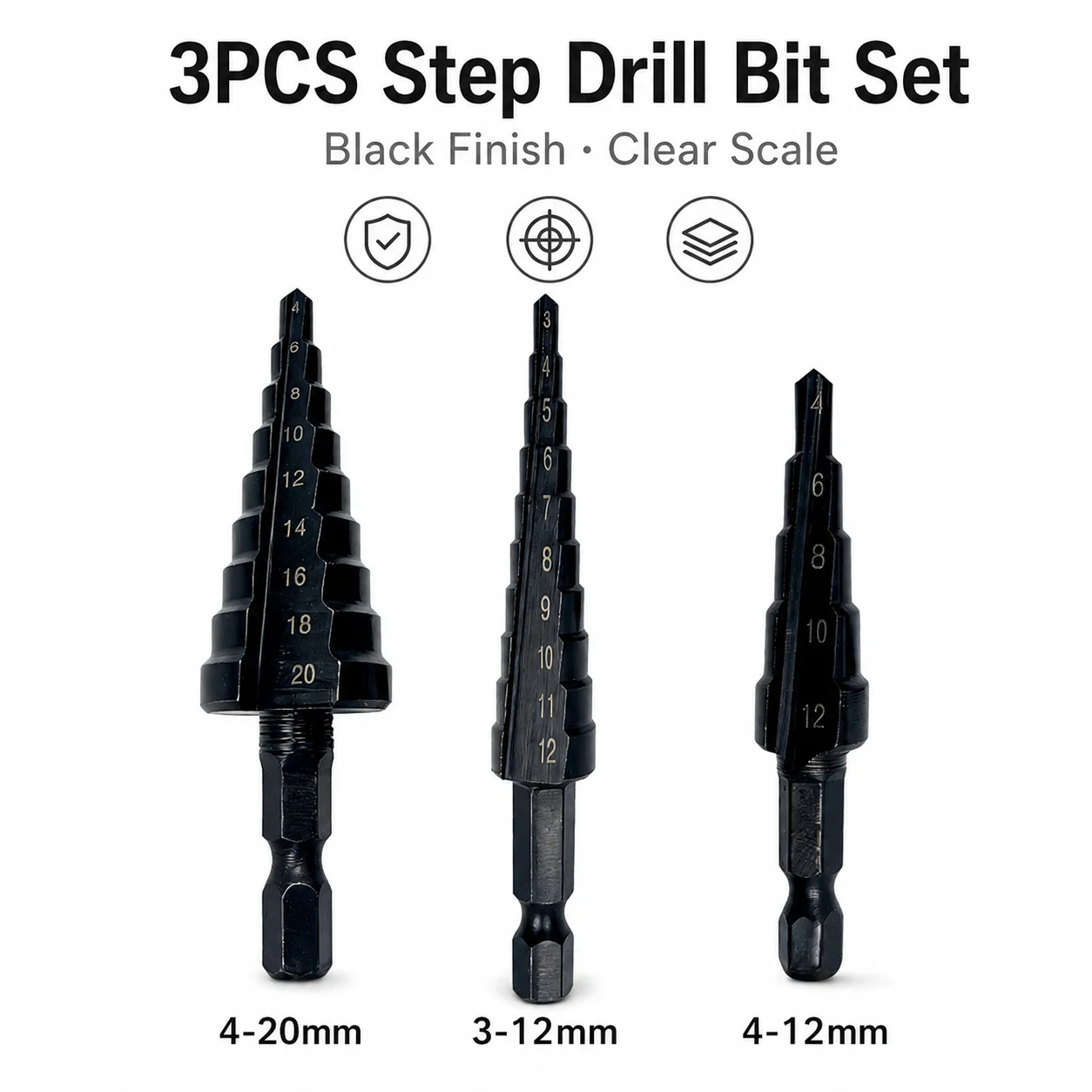 High Hardness Step Drill Bits 3PCS Set Black Coated Multi Size Hole Expander Sharp Cutting Bit